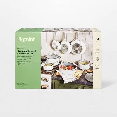 12pc Nonstick Ceramic Coated Aluminum Cookware Set Cream - Figmint