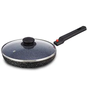 Amazon Brand - Solimo Non-Stick Fry Pan with Glass Lid with Detachable Handle | Granite Finish | Induction Base | PFOA Free | High Temperature Resistant Exterior Coating | 22 cm | Black