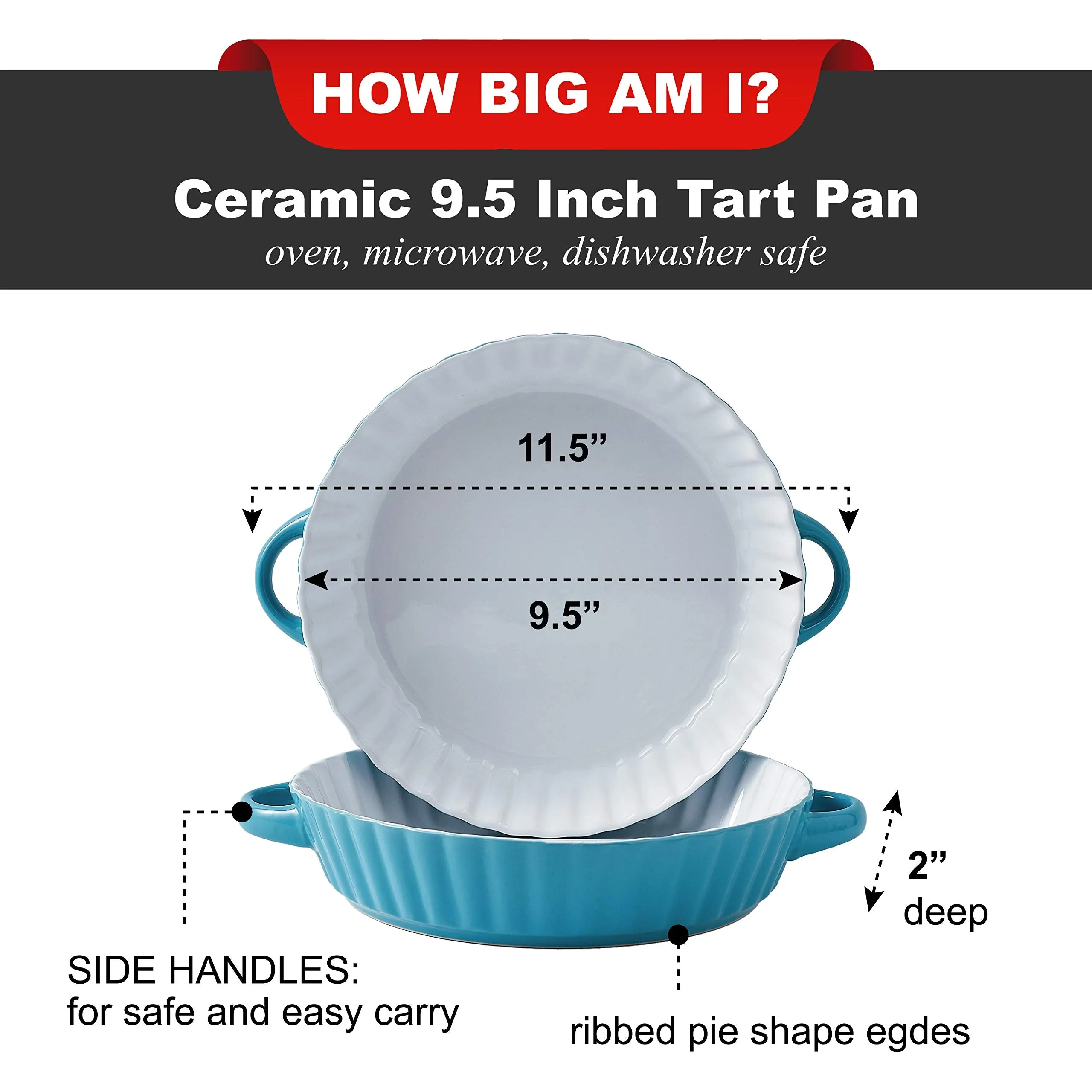 Ceramic 9.5-Inch Quiche and Tart Pan Set by Bruntmor - Round Pie Plate Baking Kit