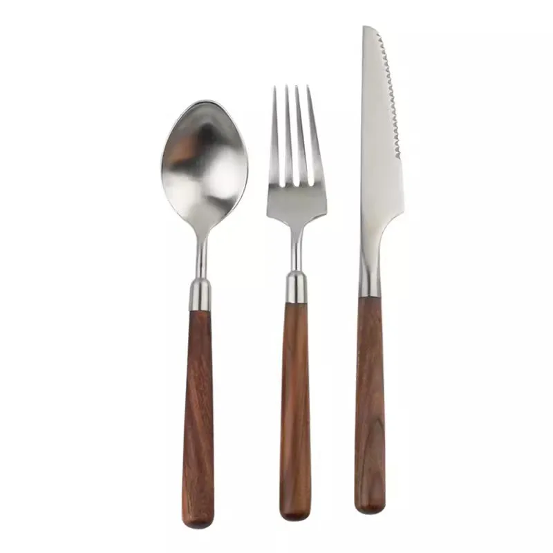 Brushed Stainless Steel Steak Knife Cutlery Set with Wooden Handles