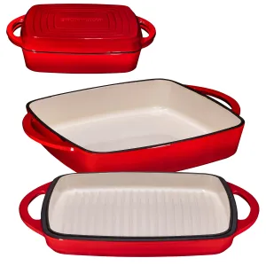 Enameled Square Cast Iron Large Baking Pan. Cookware Baking Dish With Griddle Lid 2In1