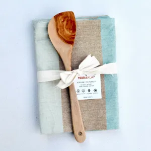 Green Kitchen Towel Set with Olive Wood Spoon Gift