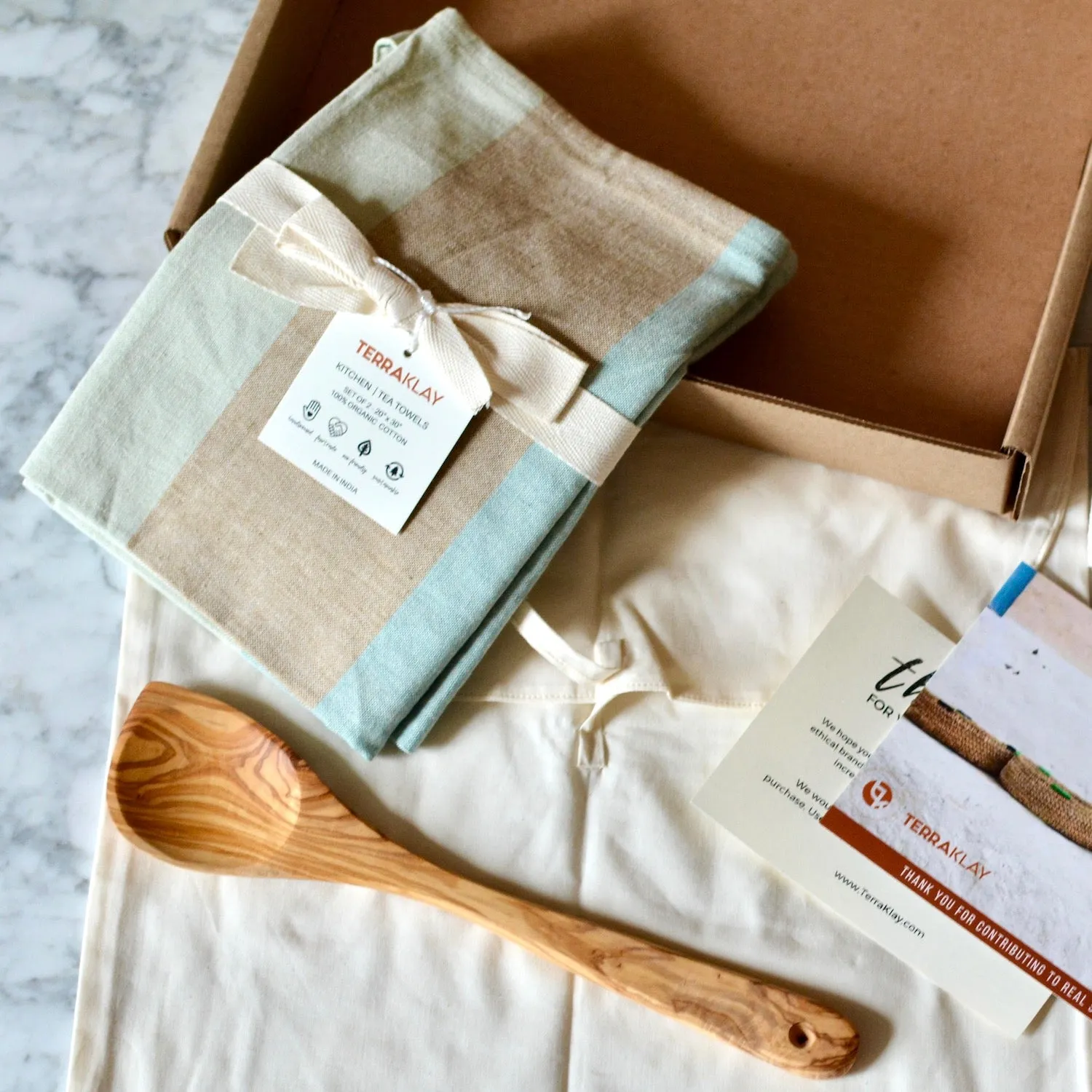 Green Kitchen Towel Set with Olive Wood Spoon Gift