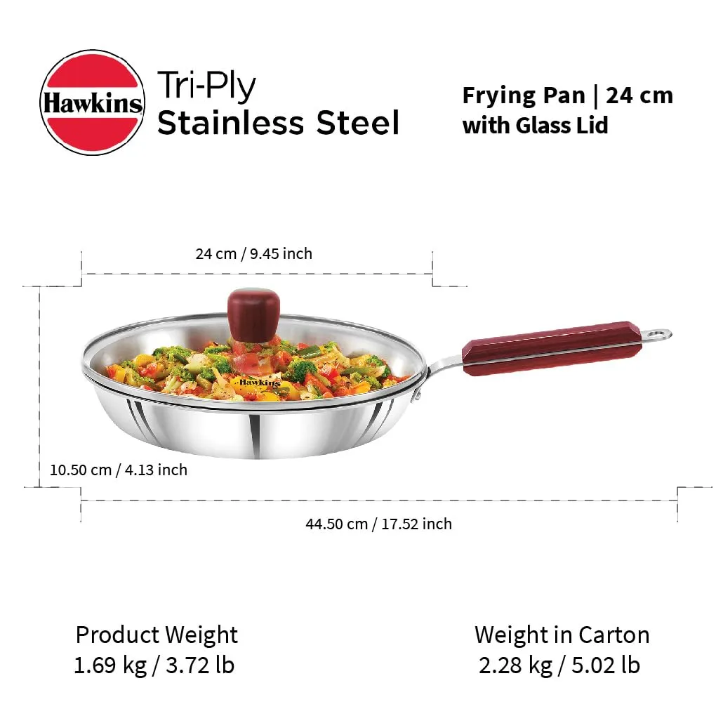 Hawkins 24 cm Frying Pan, Triply Stainless Steel Fry Pan with Glass Lid, Induction Frying Pan, Frypan, Silver (SSF24G)