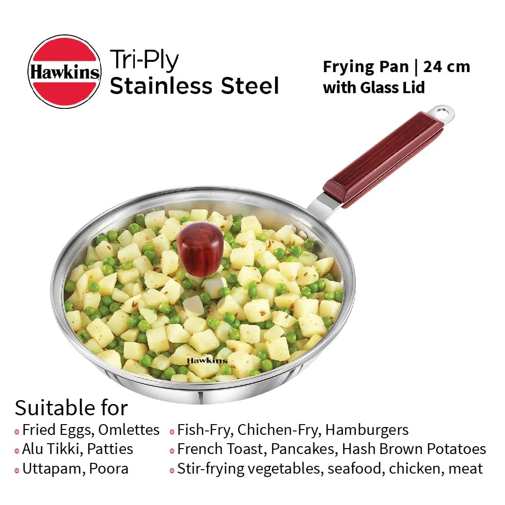 Hawkins 24 cm Frying Pan, Triply Stainless Steel Fry Pan with Glass Lid, Induction Frying Pan, Frypan, Silver (SSF24G)