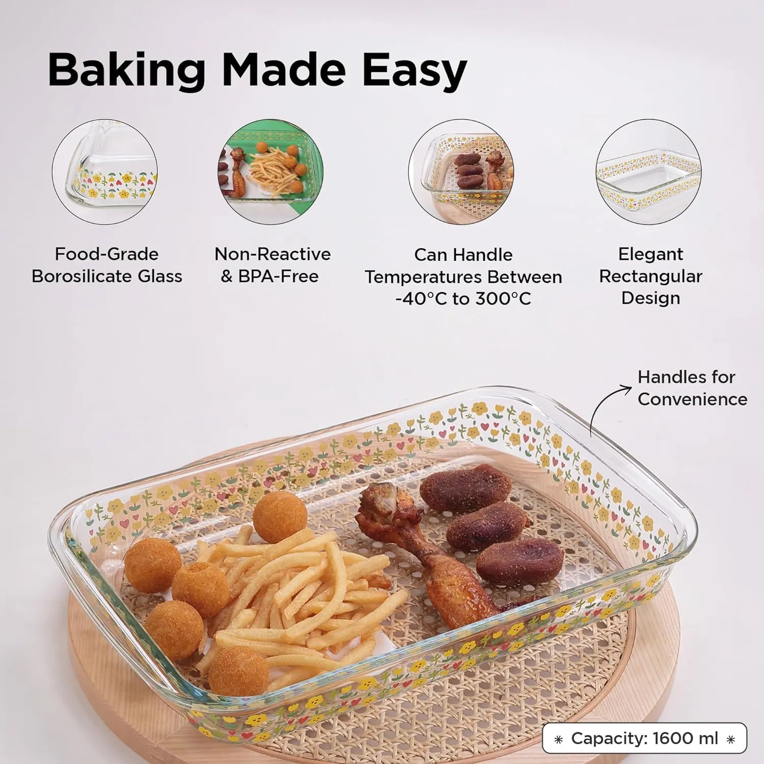 Heart Home 1600 ml Borosilicate Printed Glass Baking Tray | Transparent Microwave Oven Safe Utensils | Rectangular Bread Moulds for Baking | Dishwasher & Freezer Safe | Multipurpose Serving Tray