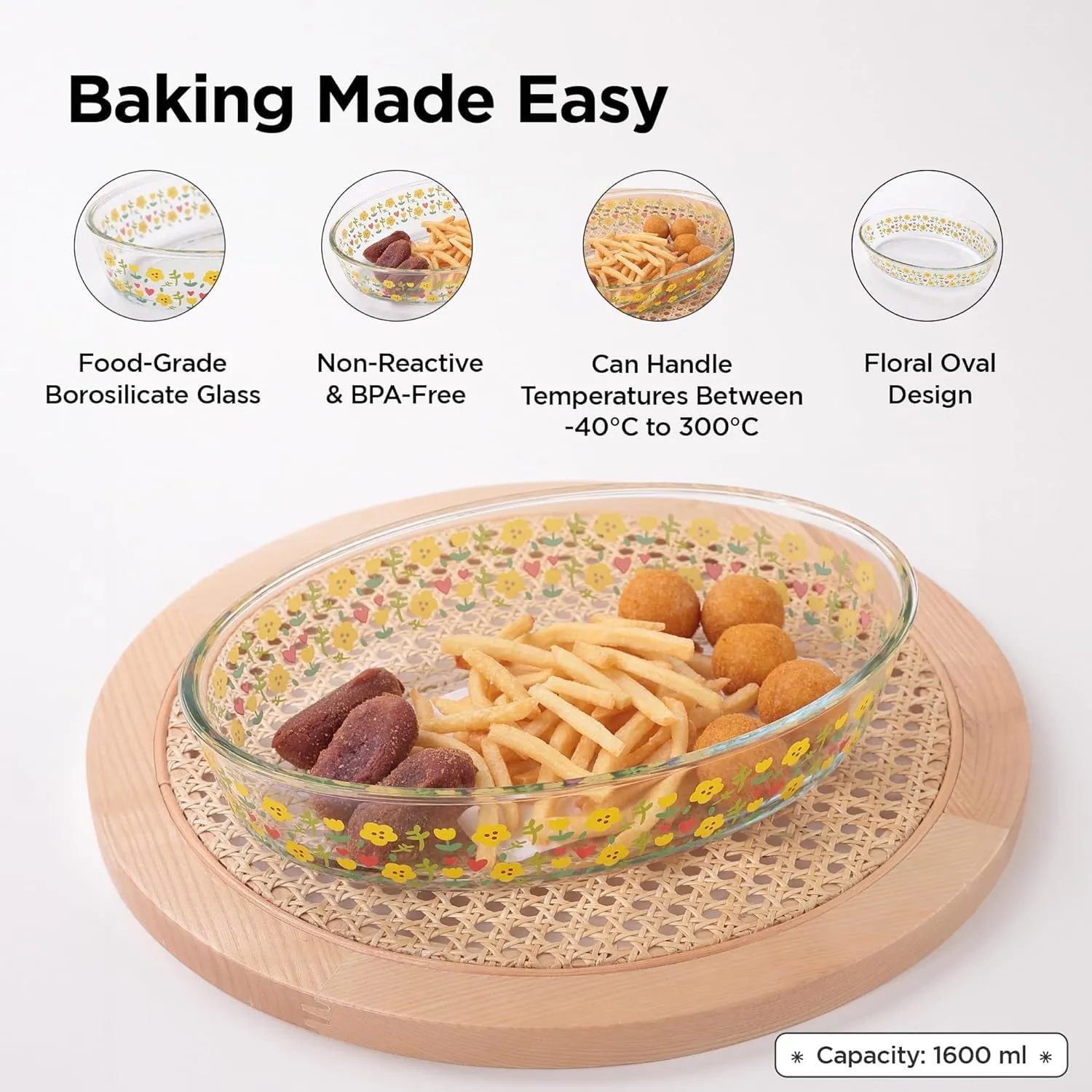 Homestic 1600 ml Borosilicate Printed Glass Baking Tray | Transparent Microwave Oven Safe Utensils | Oval Bread Moulds for Baking | Dishwasher & Freezer Safe | Multipurpose use Serving Tray