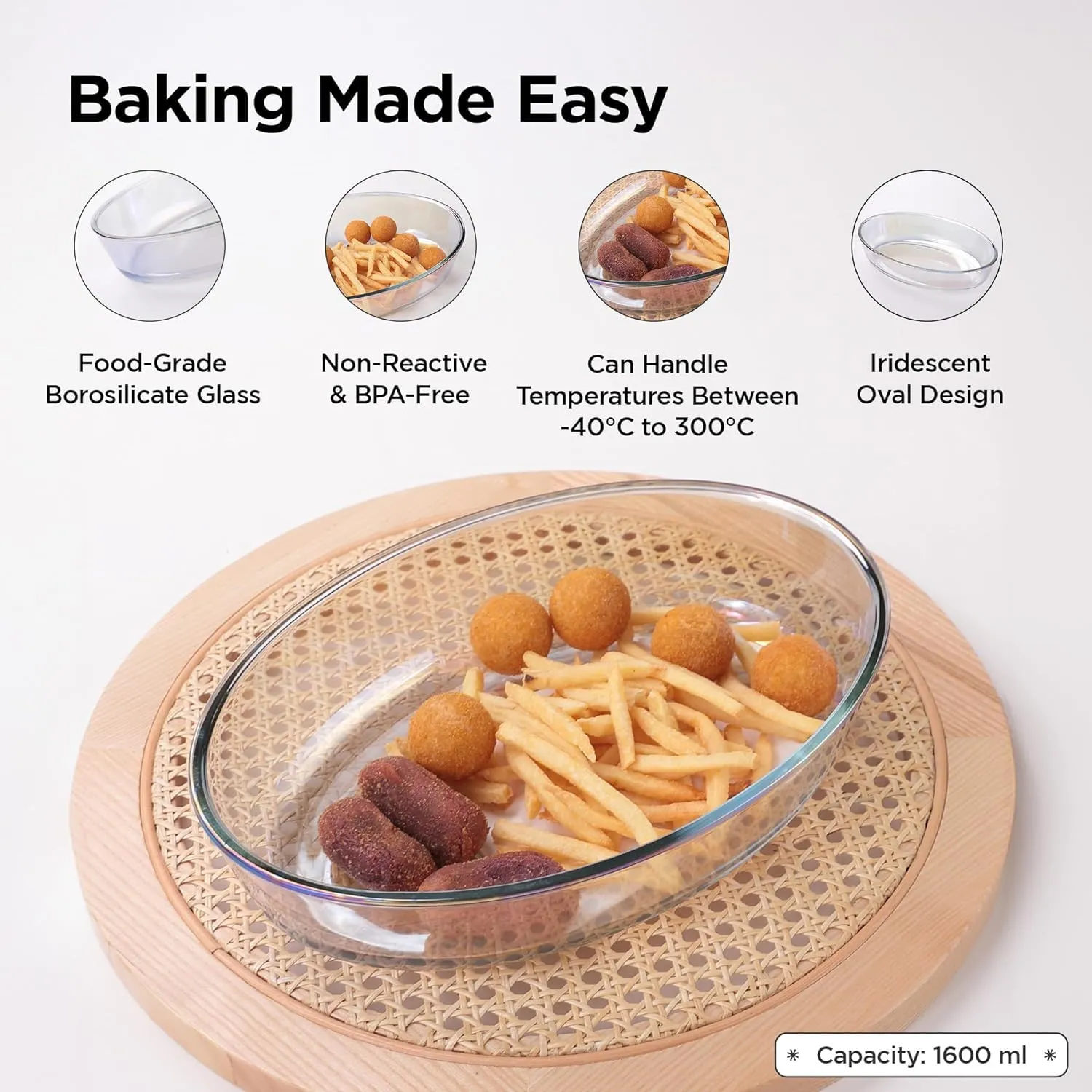 Homestic 2400 ml Borosilicate Glass Baking Tray | Transparent Microwave Oven Safe Utensils | Oval Bread Moulds for Baking | Dishwasher & Freezer Safe | Multipurpose use Serving Tray