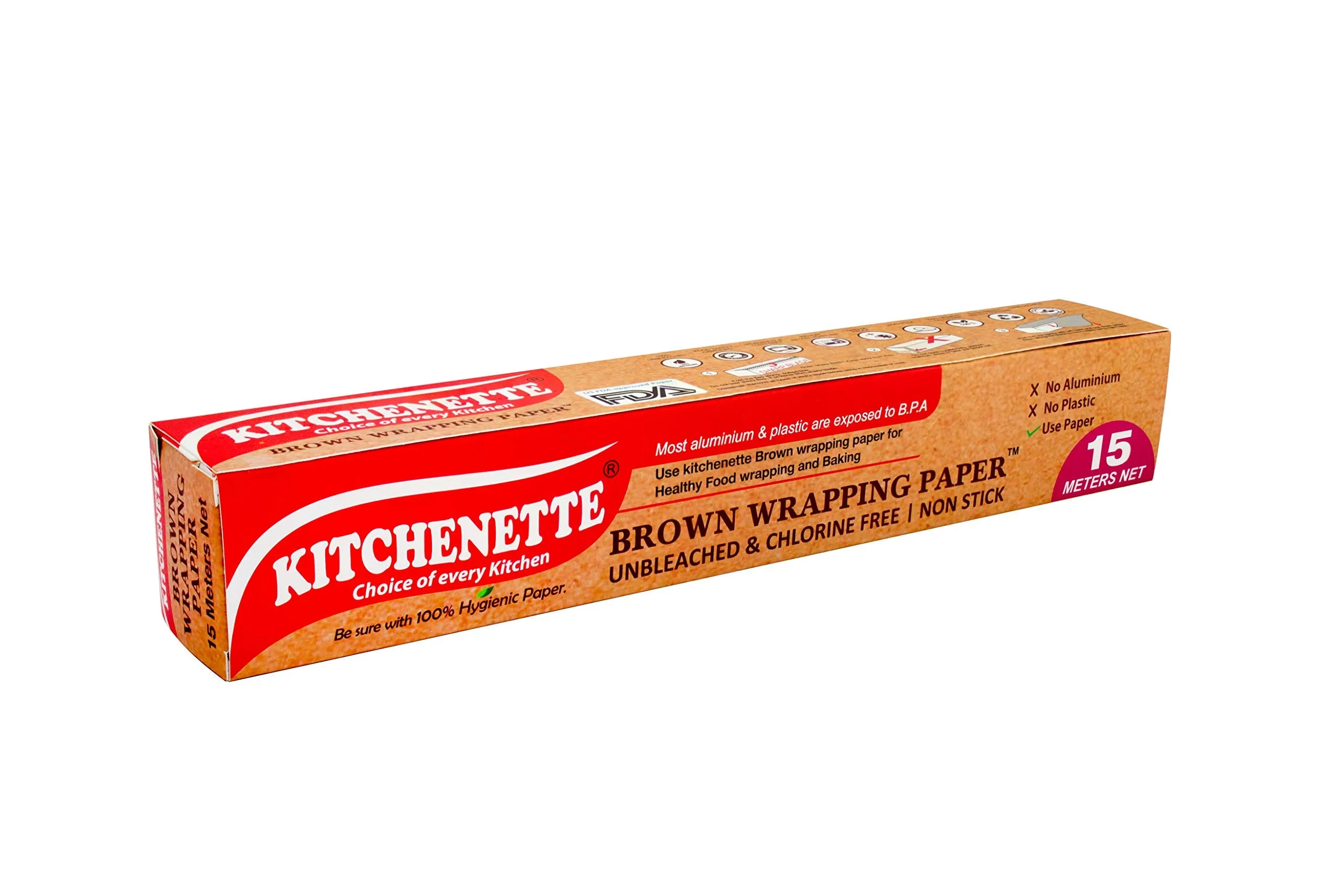 Kitchenette Brown Food Wrapping & Baking Paper (Unbleached & Chlorine Free) Multipurpose | Oven and Microwave Safe | Non Stick - 15 Meters