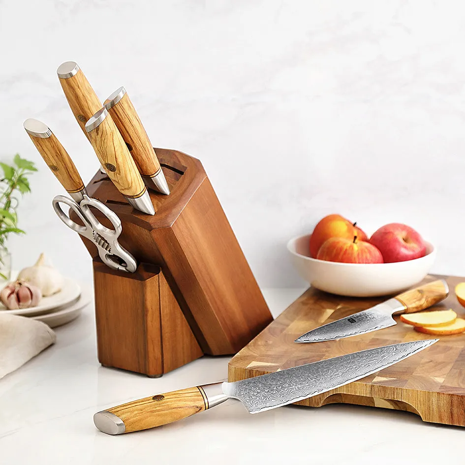 Knife Set with Damascus Steel and Olive Wood