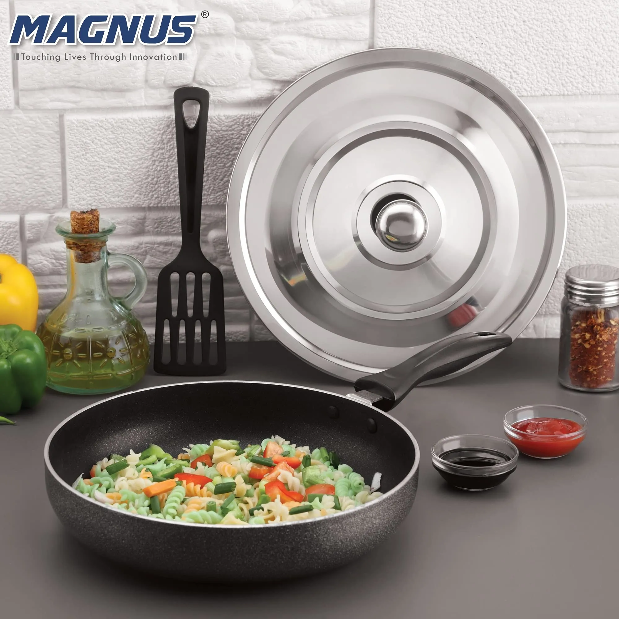 Magnus Optima Non-Stick Aluminum Fry Pan with Stainless Steel Lid, 230 mm(1.6 LTR),3 mm Thickness, Hammertone Finish, (Black & Grey)