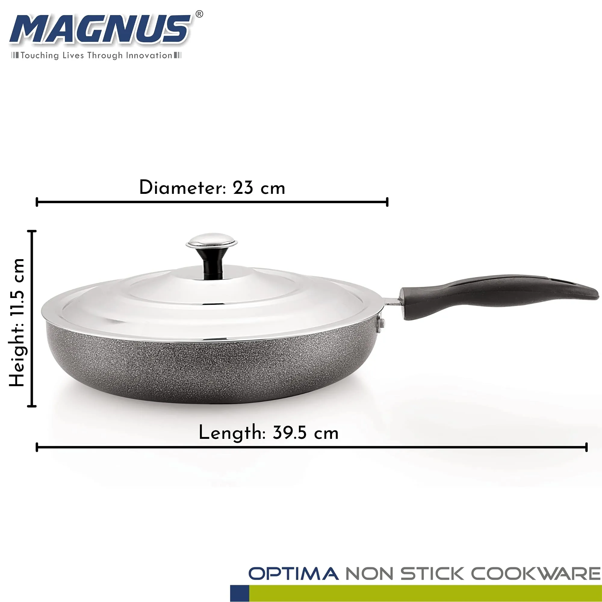 Magnus Optima Non-Stick Aluminum Fry Pan with Stainless Steel Lid, 230 mm(1.6 LTR),3 mm Thickness, Hammertone Finish, (Black & Grey)