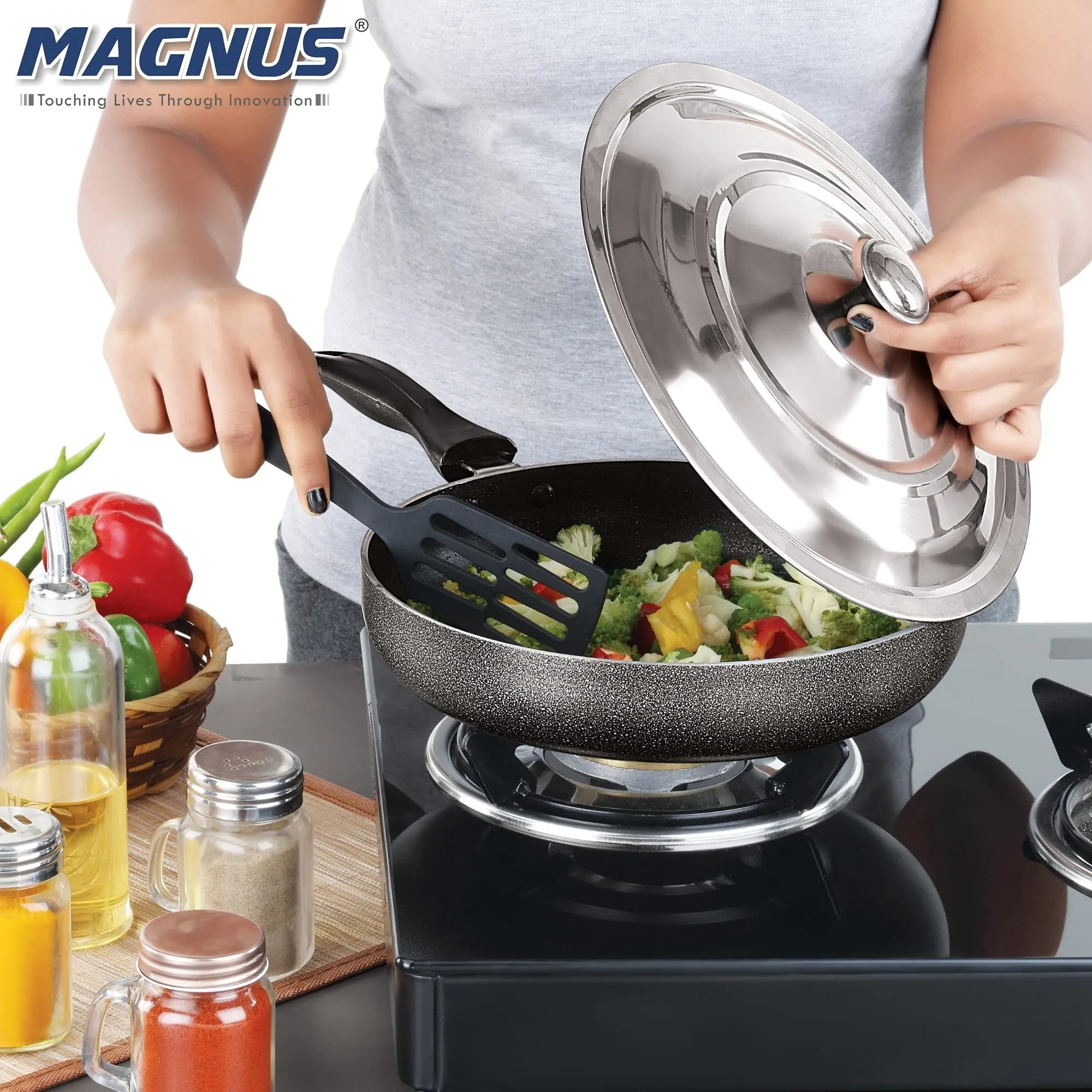 Magnus Optima Non-Stick Aluminum Fry Pan with Stainless Steel Lid, 230 mm(1.6 LTR),3 mm Thickness, Hammertone Finish, (Black & Grey)