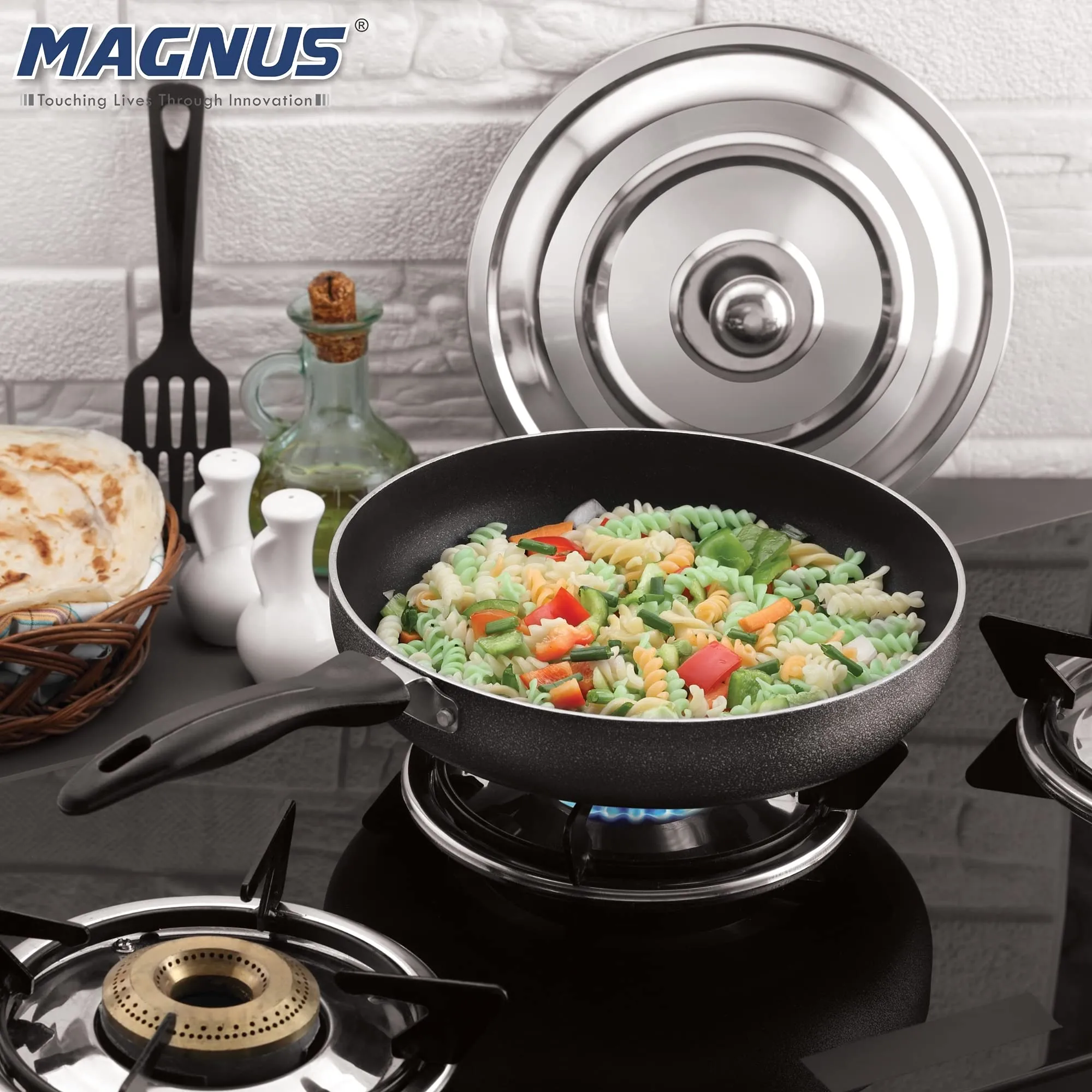 Magnus Optima Non-Stick Aluminum Fry Pan with Stainless Steel Lid, 230 mm(1.6 LTR),3 mm Thickness, Hammertone Finish, (Black & Grey)