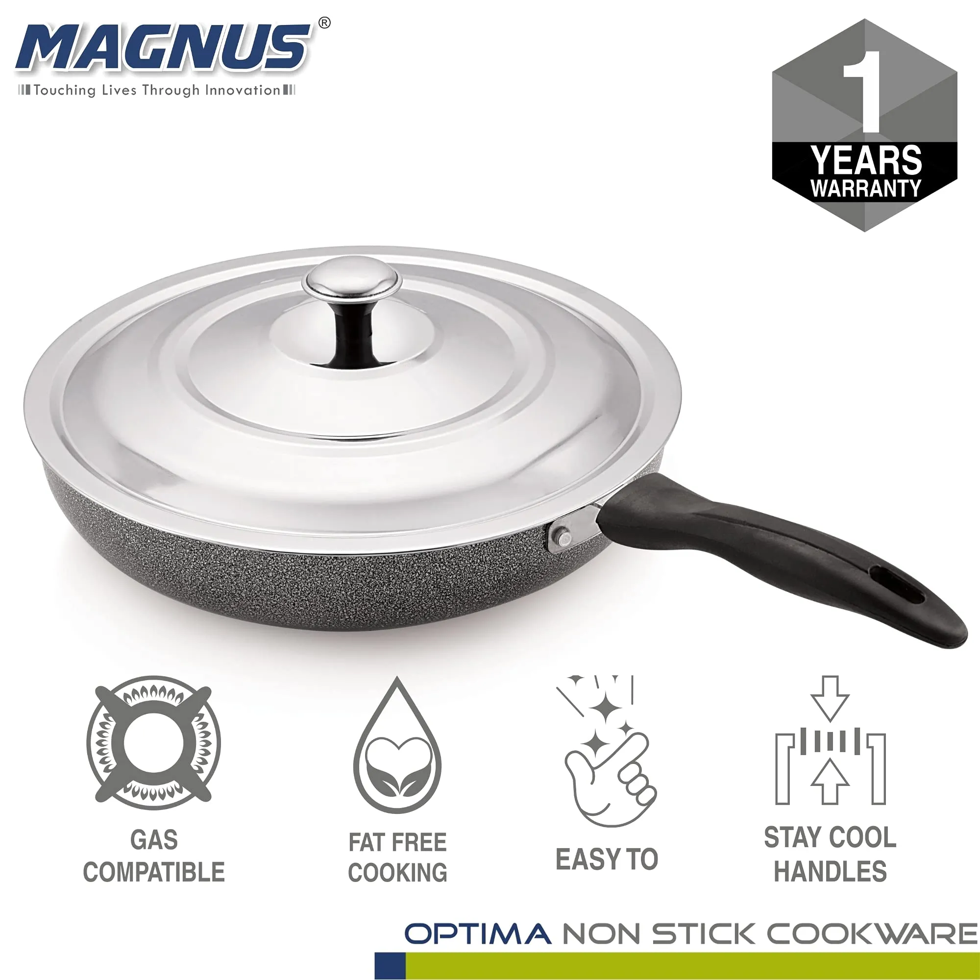 Magnus Optima Non-Stick Aluminum Fry Pan with Stainless Steel Lid, 280 mm(3.1 LTR),3 mm Thickness, Hammertone Finish, (Black & Grey)