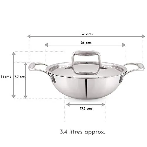 Magnus Triply Stainless Steel Kadai with Stainless Steel Lid,26 cm,3.4 L (Induction and Gas Stove Compatible)