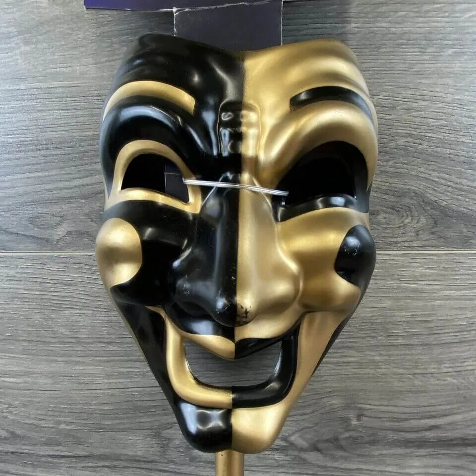 Mens Gold Jester Venetian Stick Masquerader Ball Mask