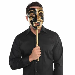 Mens Gold Jester Venetian Stick Masquerader Ball Mask