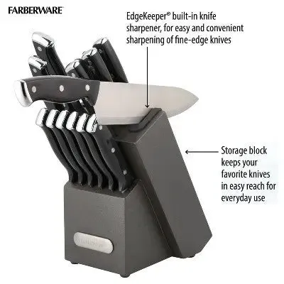 New - Farberware 14pc Triple Rivet Knife Block Set with Edgekeeper Sharpener Graphite