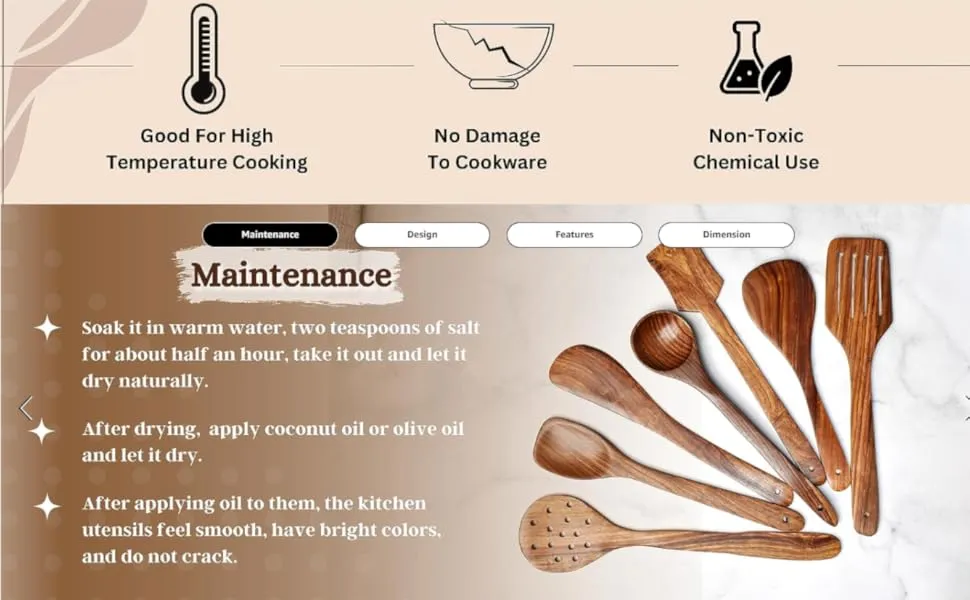 Non-Stick Wooden Natural Cooking and Serving Spoon Set of 7