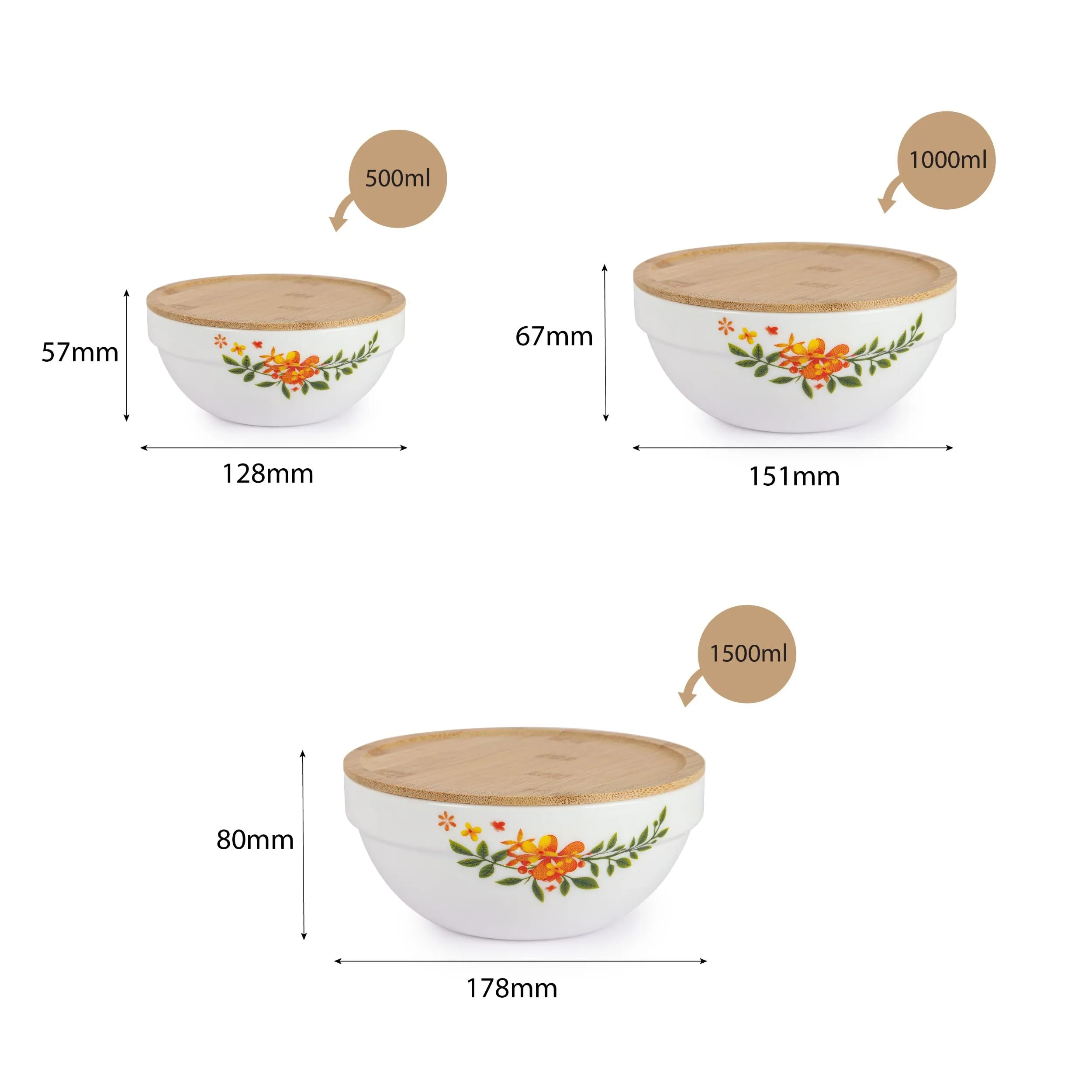 Royale Series Mixing bowls with bamboo lid Gift Set, 3 Pieces