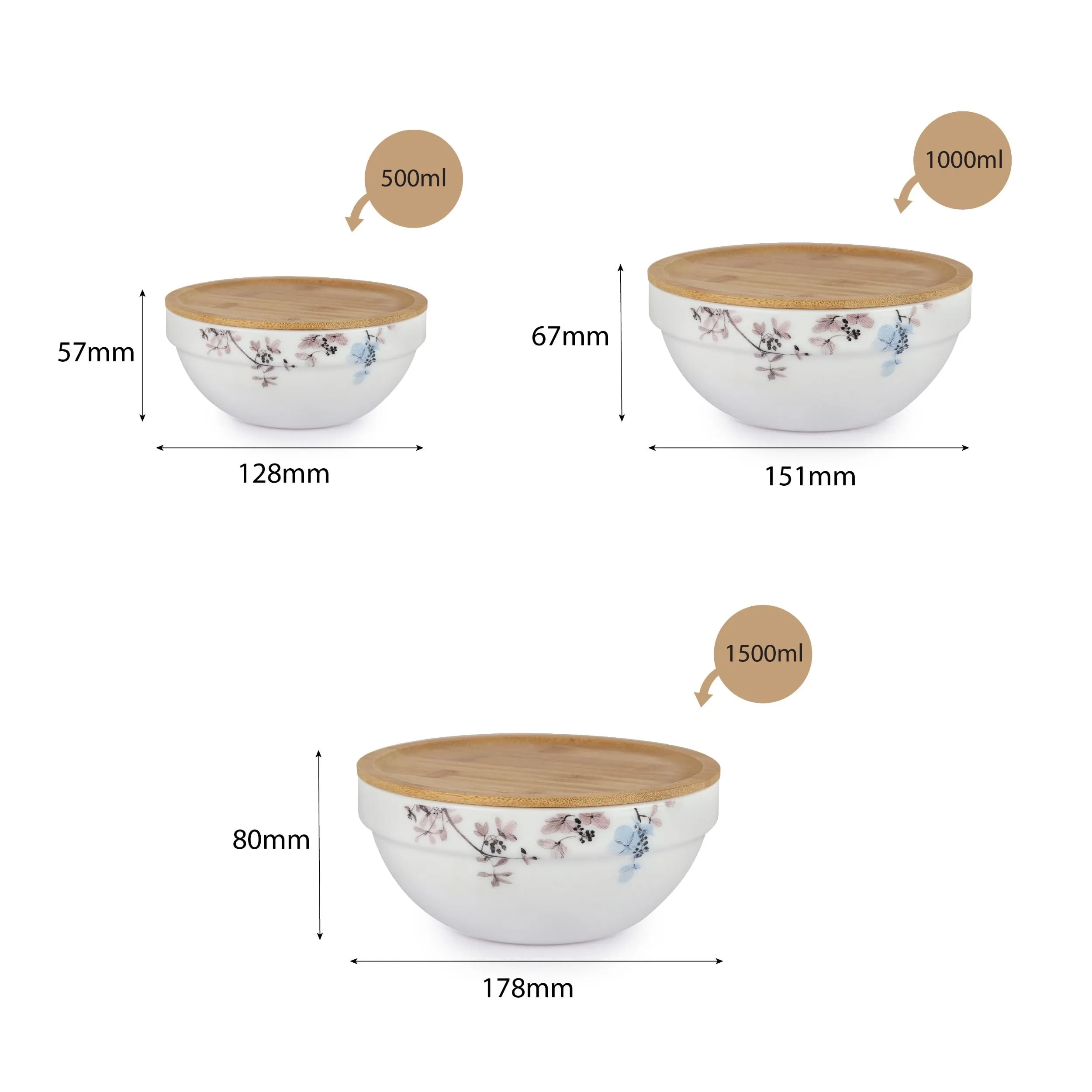 Royale Series Mixing bowls with bamboo lid Gift Set, 3 Pieces