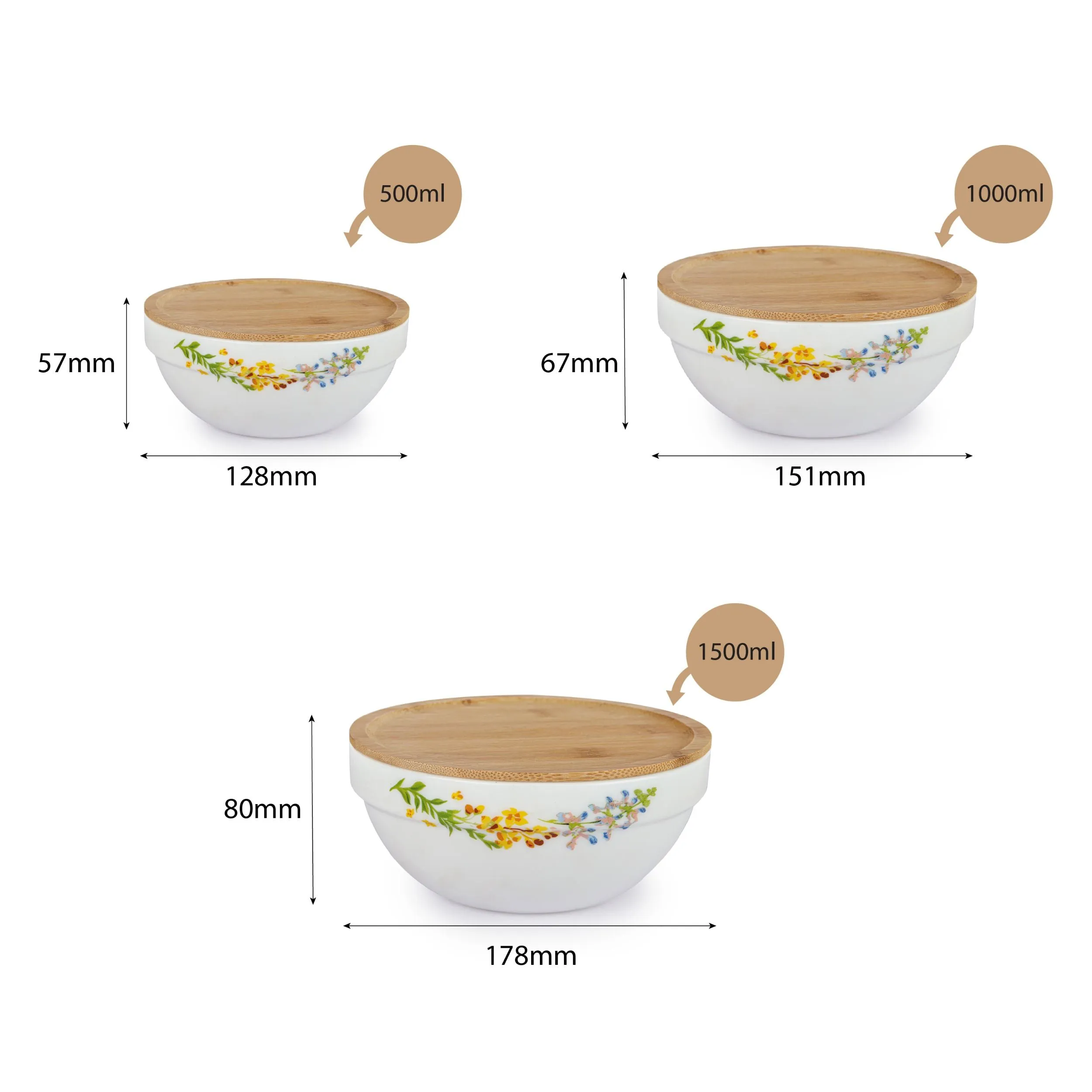 Royale Series Mixing bowls with bamboo lid Gift Set, 3 Pieces