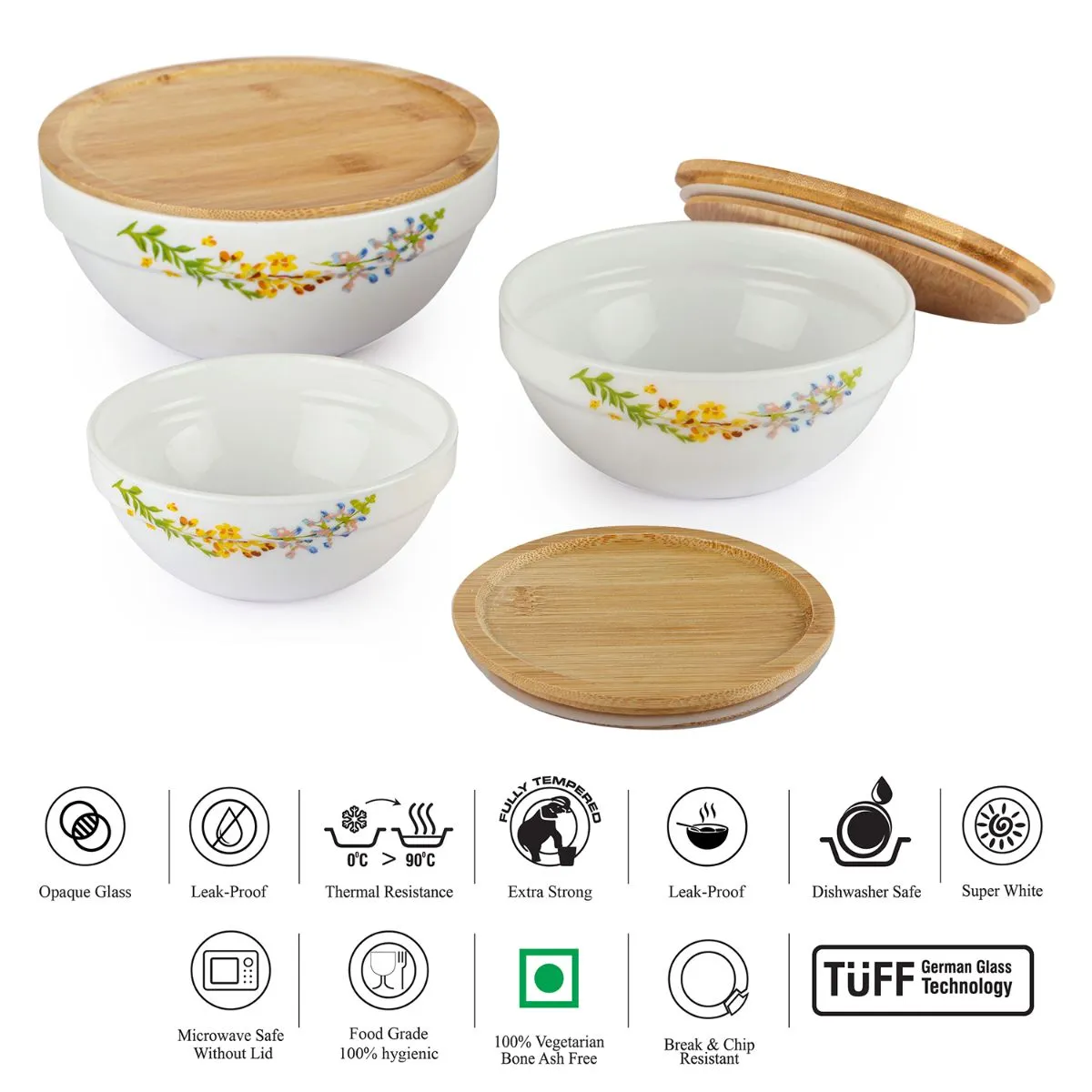 Royale Series Mixing bowls with bamboo lid Gift Set, 3 Pieces