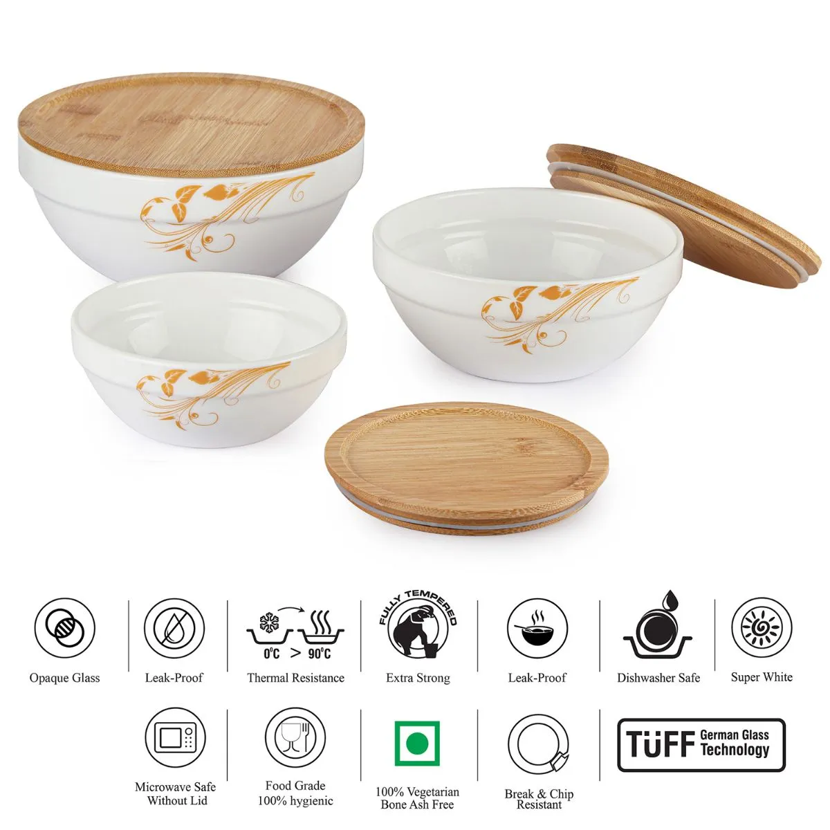 Royale Series Mixing bowls with bamboo lid Gift Set, 3 Pieces