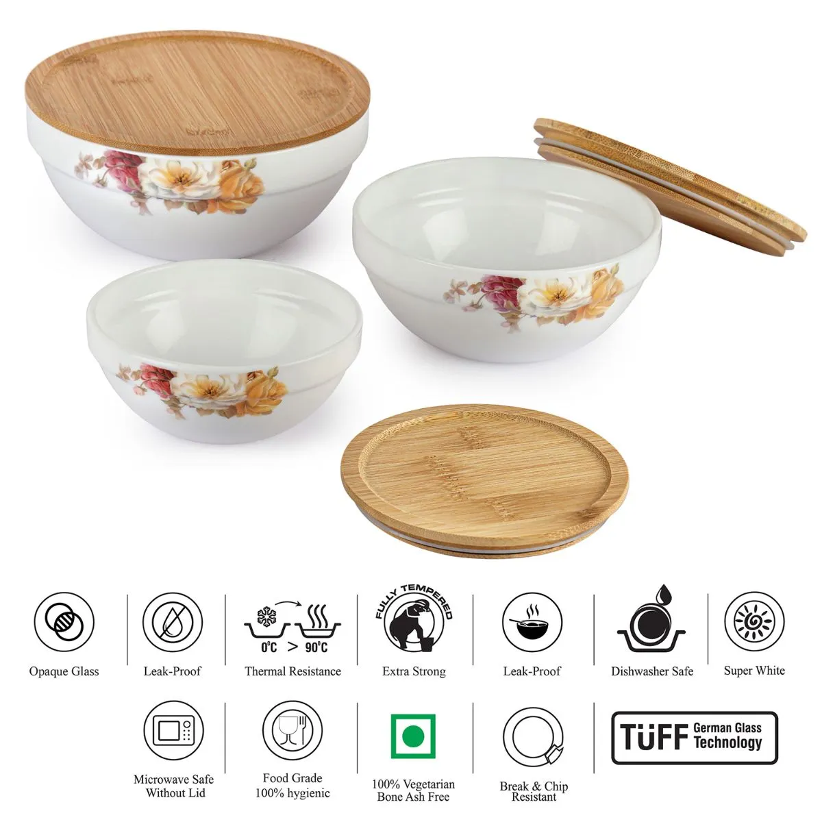 Royale Series Mixing bowls with bamboo lid Gift Set, 3 Pieces