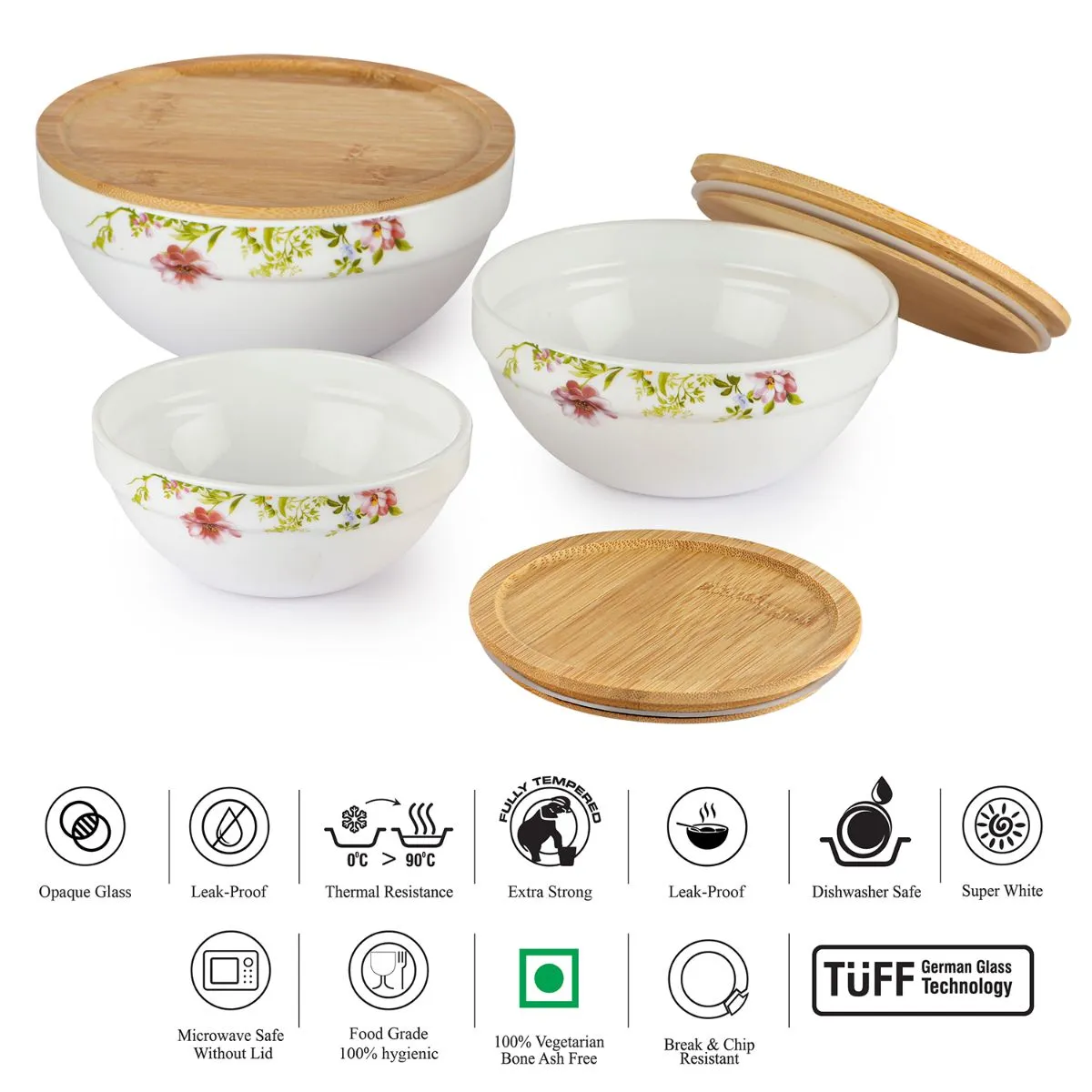 Royale Series Mixing bowls with bamboo lid Gift Set, 3 Pieces