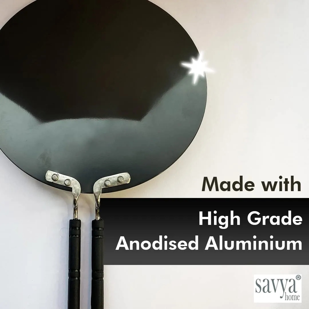 SAVYA HOME Hard Anodized Roti Tawa with Handle | 25 cm Diameter | High Grade Aluminium | Scratch Resistant Surface | Riveted Handles | Roti & Dosa Tawa | Black Color (Large)