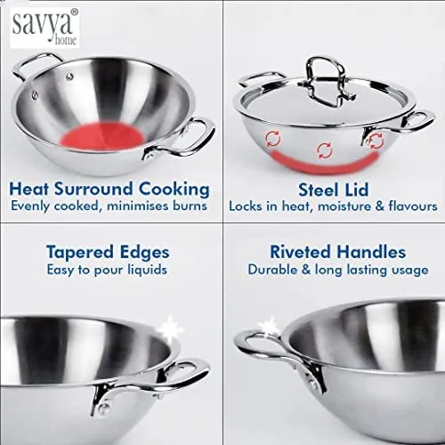 SAVYA HOME® Triply Kadai with SS Lid 20cm 1.6 L & Triply FryPan 22cm 1.5 L Combo | Heat Surround Cooking |Stove & Induction Cookware | Triply Stainless Steel cookware with lid