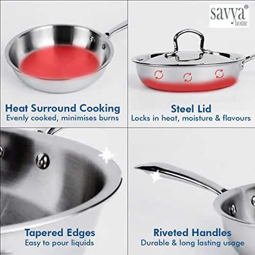 SAVYA HOME® Triply Kadai with SS Lid 20cm 1.6 L & Triply FryPan 22cm 1.5 L Combo | Heat Surround Cooking |Stove & Induction Cookware | Triply Stainless Steel cookware with lid