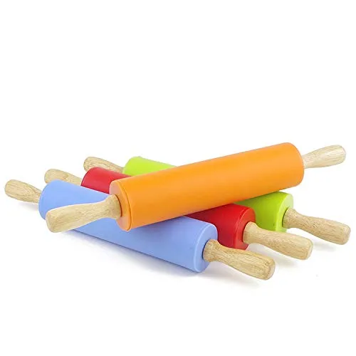 Silicone Rubber Rolling Pin Wooden Handle Non-stick Dough Roller Pizza Pasta Baking 15 inches Kitchen Cooking Tool