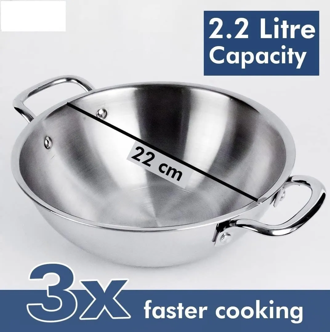 UMAI X SAVYA Home Triply Stainless Steel Kadai with Lid | 22 cm Diameter | 2.2 L Capacity | Stove & Induction Cookware | Heat Surround Cooking | Triply Stainless Steel cookware with lid