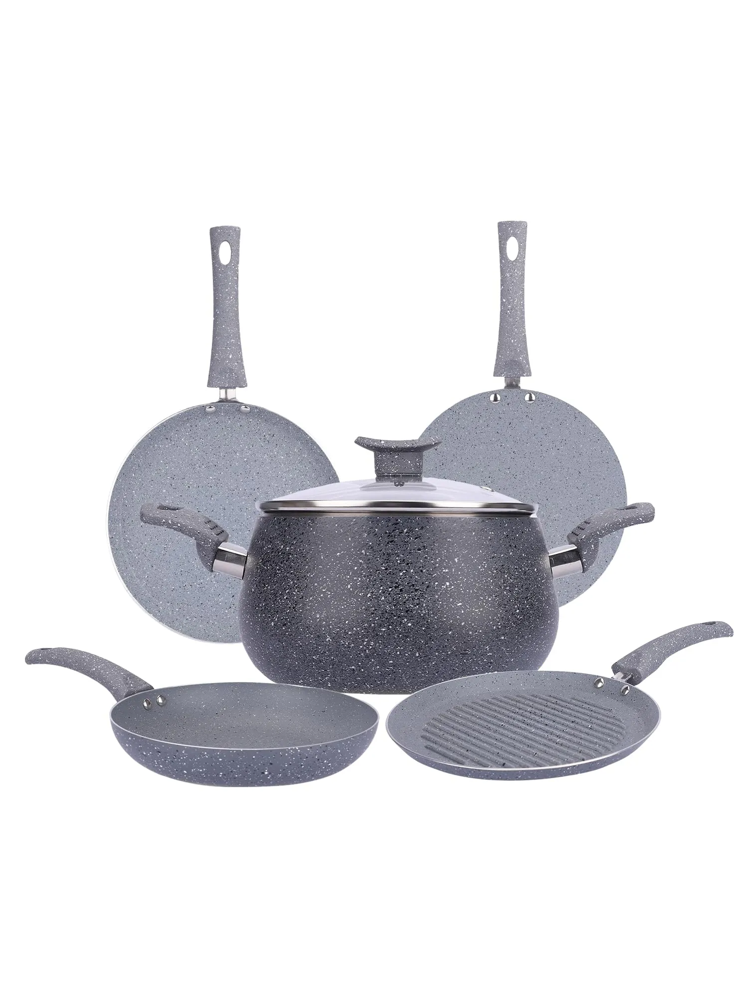 USHA SHRIRAM Grey Non-Stick Cookware Set | 5L Handi with Lid, 24cm Fry Pan, 26cm Roti Tawa, 25cm Grill Pan | Easy Grip Handles | 3-Layer Non-Stick Coating | Non-Toxic & Lightweight | Pack of 5