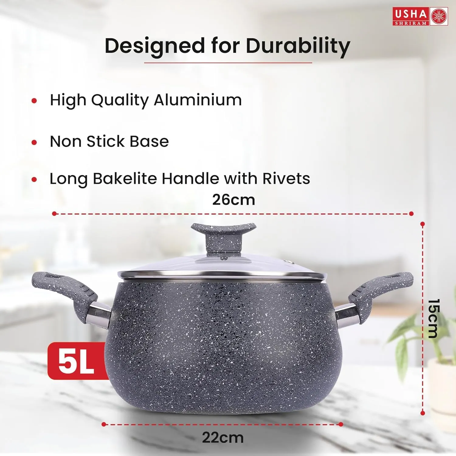 USHA SHRIRAM Grey Non-Stick Cookware Set | 5L Handi with Lid, 24cm Fry Pan, 26cm Roti Tawa, 25cm Grill Pan | Easy Grip Handles | 3-Layer Non-Stick Coating | Non-Toxic & Lightweight | Pack of 5