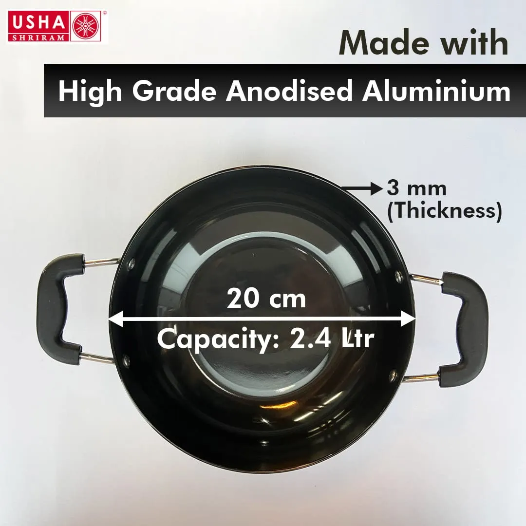 USHA SHRIRAM Hard Anodised Aluminium Kadai with Lid (2.4L) for Cooking | 20 cm Diameter | Deep Base Kadhai | Riveted Bakelite Handle for Cool Grip | Frying Kadahi| Gas & Induction Cookware | Black