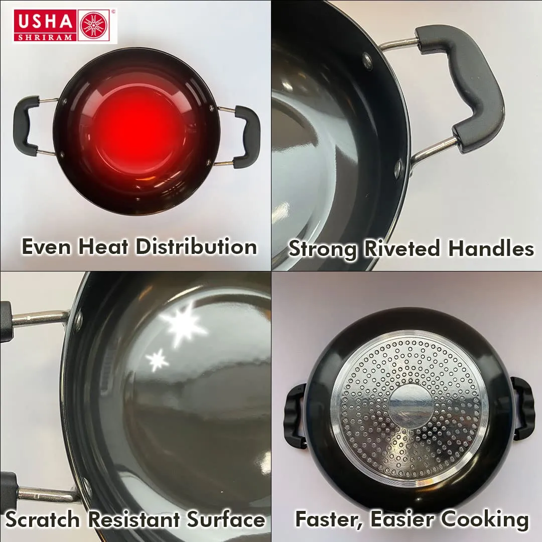 USHA SHRIRAM Hard Anodised Aluminium Kadai with Lid (2.4L) for Cooking | 20 cm Diameter | Deep Base Kadhai | Riveted Bakelite Handle for Cool Grip | Frying Kadahi| Gas & Induction Cookware | Black