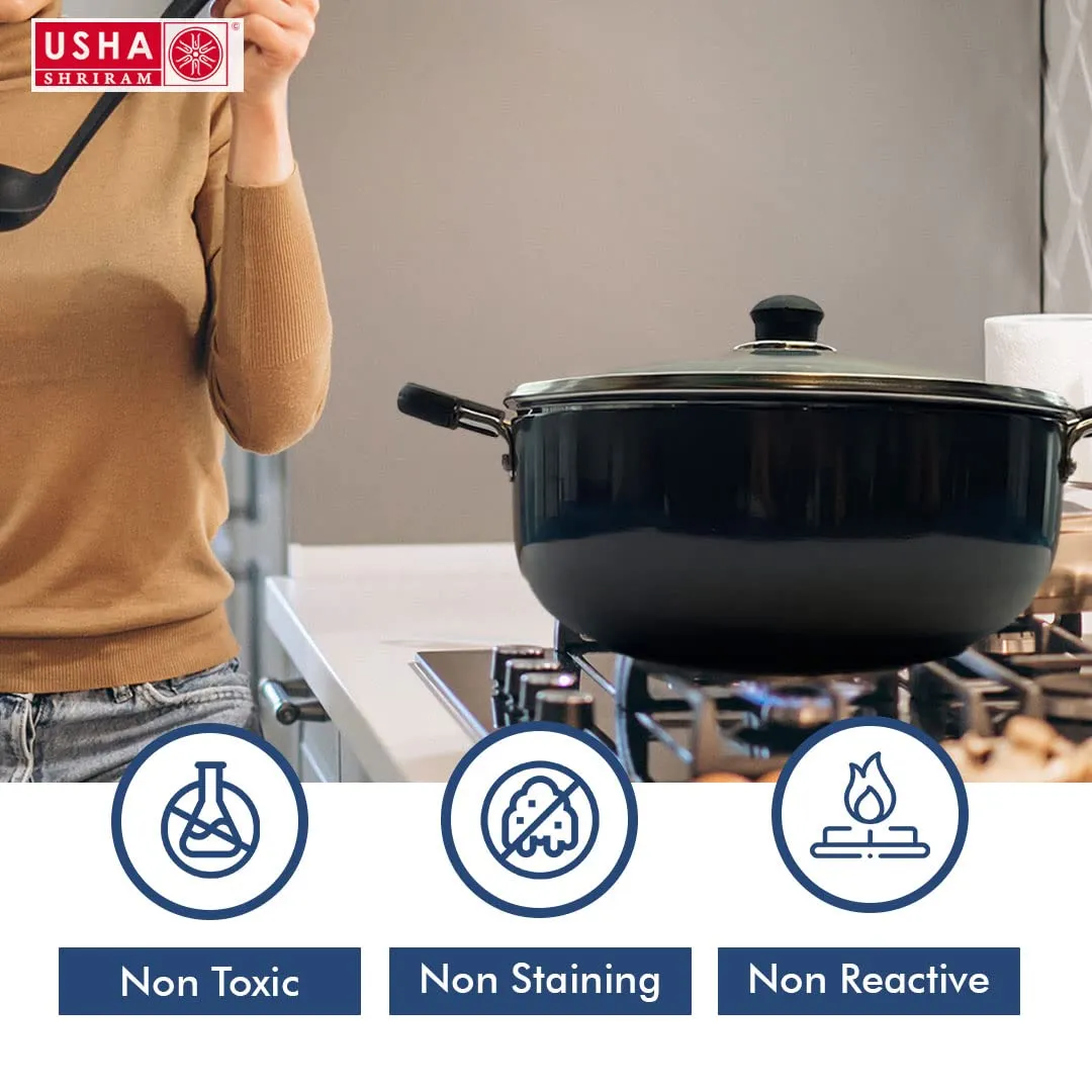 USHA SHRIRAM Hard Anodised Aluminium Kadai with Lid (2.4L) for Cooking | 20 cm Diameter | Deep Base Kadhai | Riveted Bakelite Handle for Cool Grip | Frying Kadahi| Gas & Induction Cookware | Black