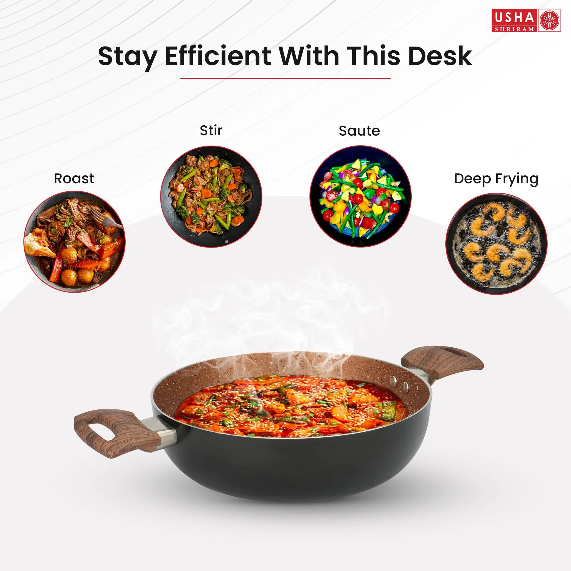 USHA SHRIRAM Non Stick Kadai with Lid | 26 cm | 3.6 L Capacity | Gas Cookware | Non Stick Cookware | Aluminium Kadai with Lid | Deep Base Kadai | Deep Fry Kadai (Majestic Midnight)