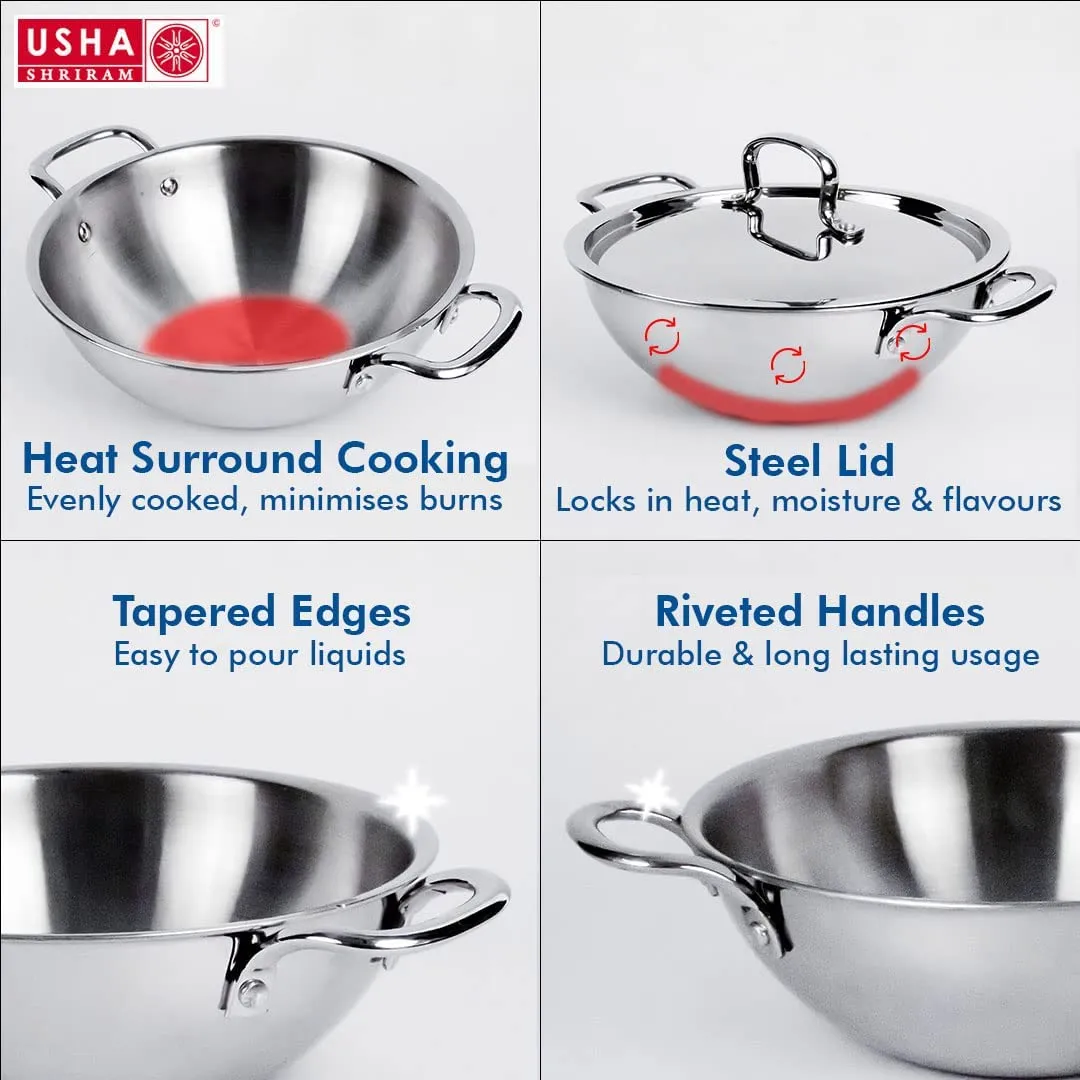 USHA SHRIRAM Triply Stainless Steel Kadai with Lid | 22 cm Diameter | 2.2 L Capacity (2 Pcs) | Stove & Induction Cookware | Heat Surround Cooking | Triply Stainless Steel cookware with lid