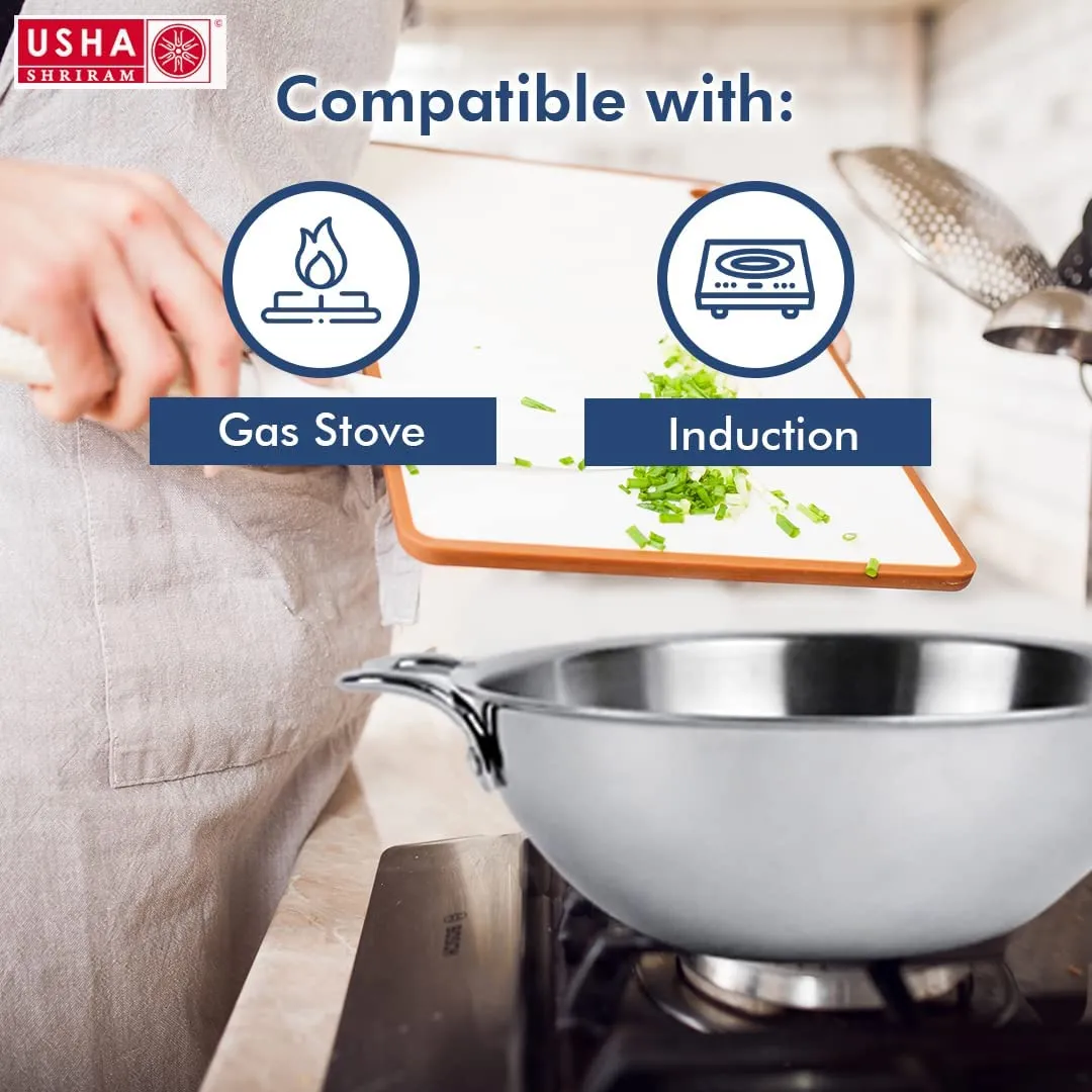 USHA SHRIRAM Triply Stainless Steel Kadai with Lid | 22 cm Diameter | 2.2 L Capacity (2 Pcs) | Stove & Induction Cookware | Heat Surround Cooking | Triply Stainless Steel cookware with lid