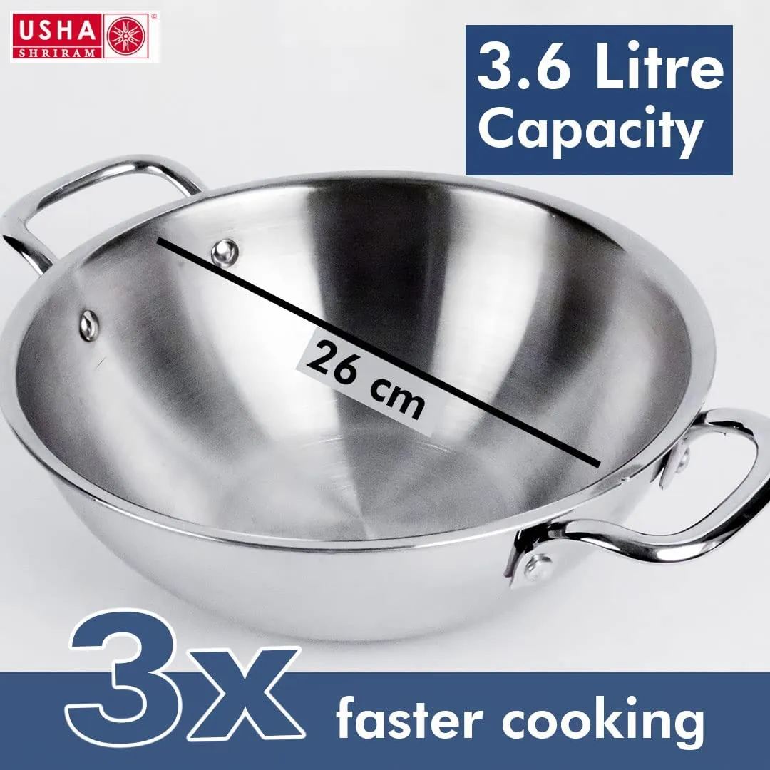 USHA Shriram Triply Stainless Steel Kadai with Lid | Stove & Induction Cookware | Heat Surround Cooking | Triply Stainless Steel cookware (Cookware Set - 3Pcs)