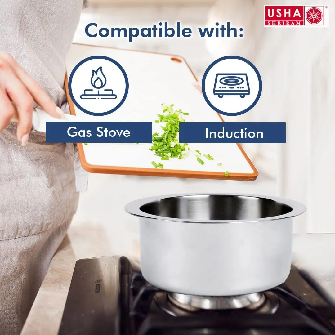 USHA Shriram Triply Stainless Steel Kadai with Lid | Stove & Induction Cookware | Heat Surround Cooking | Triply Stainless Steel cookware (Cookware Set - 3Pcs)