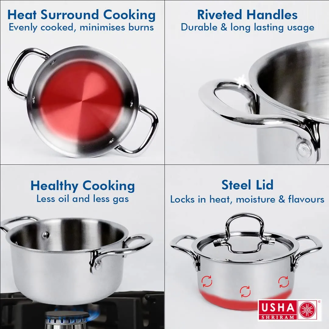 USHA Shriram Triply Stainless Steel Kadai with Lid | Stove & Induction Cookware | Heat Surround Cooking | Triply Stainless Steel cookware (Cookware Set - 3Pcs)