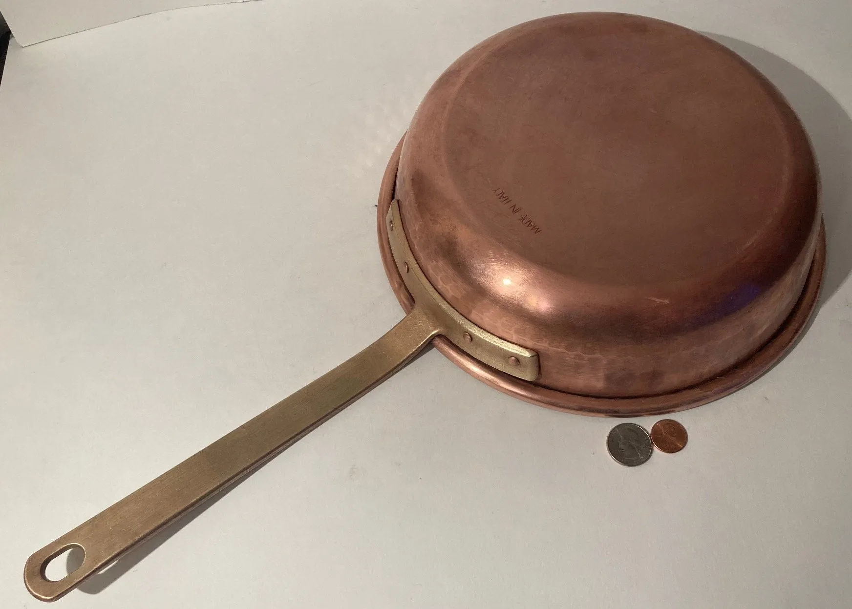 Vintage Copper and Brass Frying Pan, 19 1/2" Long and 10 1/2" x 3" Pan Size, Made in Italy, Quality, Heavy Duty, Weighs 3 1/2 Pounds