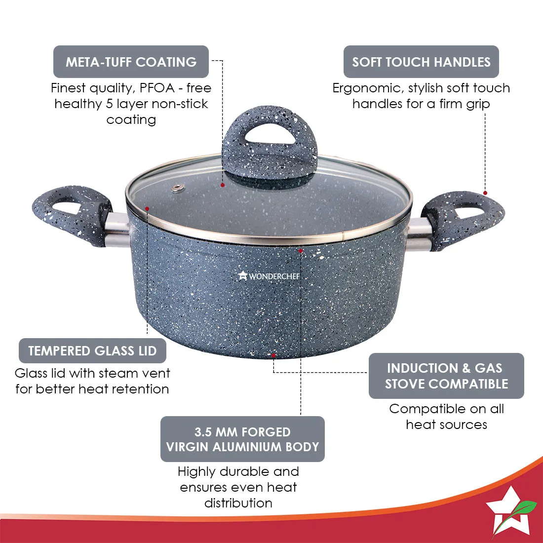 Wonderchef Renewed Granite Die-Cast Non-stick Casserole 16cm (without Lid) | Induction Bottom | Soft-touch Handles | Virgin Grade Aluminium | 3.5mm Thick | PFOA/Heavy Metals Free