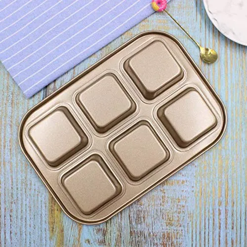 Zollyss Non-Stick Square Baking Pan 6-Cavity Carbon Steel Bread Cake Fondant Cookie Mold Tart Trays Mould Bakeware Tools(Pack of 1,Black)